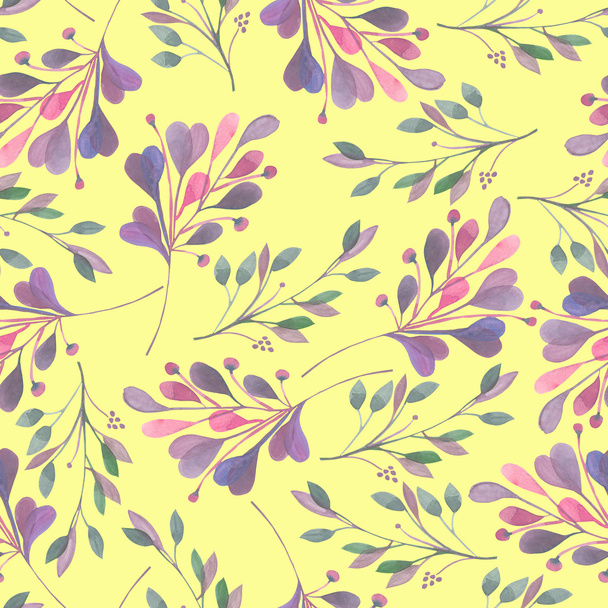 Seamless pattern with the watercolor pink and purple leaves and branches on a yellow background, hand drawn in a pastel - Φωτογραφία, εικόνα