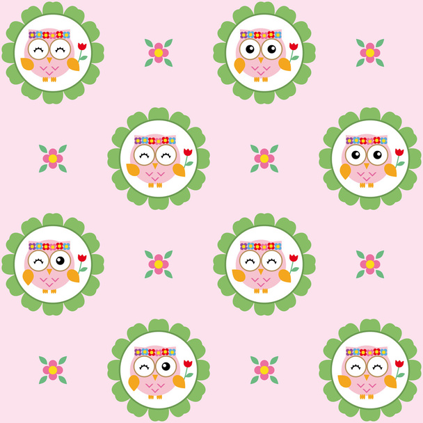 Διασκεδαστικό μοτίβο με κουκουβάγιες και λουλούδια σε ροζ φόντο  - Διάνυσμα, εικόνα