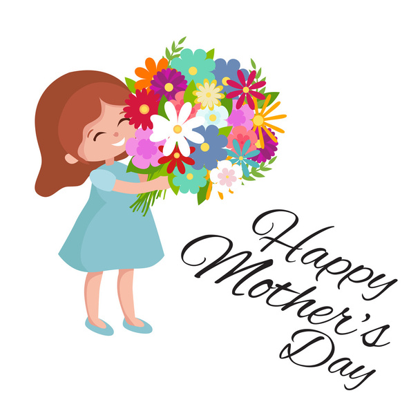 Vector illustraion baby girl with flowers cart Happy Mothers Day - Vetor, Imagem