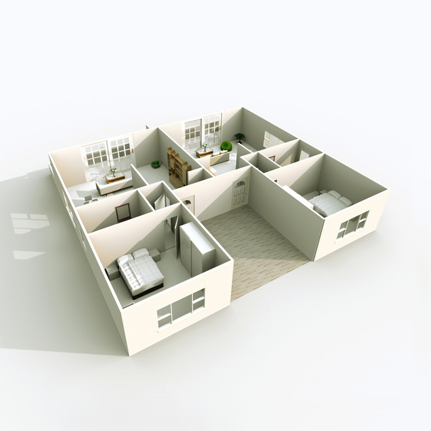3D iç işleme Çift Kişilik mobilyalı daire - Fotoğraf, Görsel