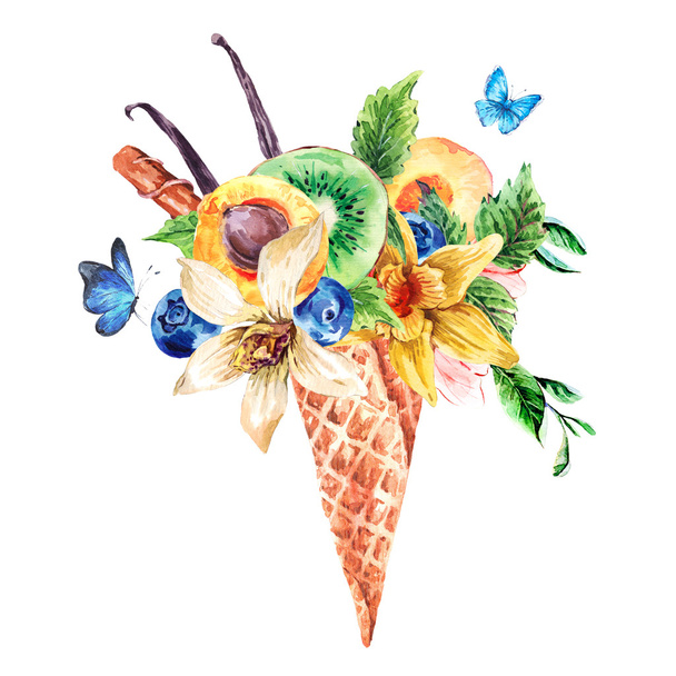 Sommer-Aquarell Grußkarte mit einem fruchtigen Cocktail - Foto, Bild