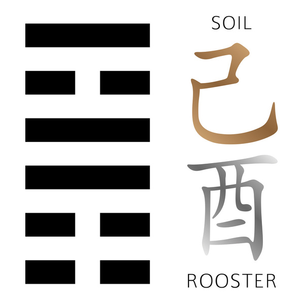 Symbol of i ching hexagram from chinese hieroglyphs. Translation of 12 zodiac feng shui signs hieroglyphs: 'Soil' and "Rooster".  - Vector, Image
