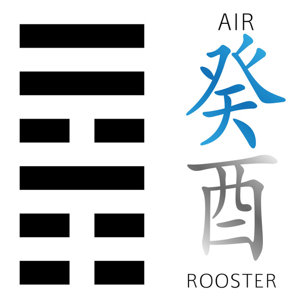Símbolo de i ching hexagrama de jeroglíficos chinos. Traducción de 12 signos del zodiaco feng shui jeroglíficos: 'Aire' y 'Gallo
".  - Vector, imagen