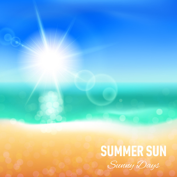 Defocused summer background with beach and glaring sun - Vektori, kuva
