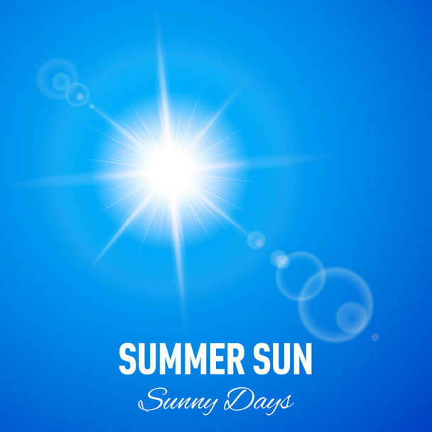 Kék nyári háttér, a vakító nap, és a lencse fényfolt - Vektor, kép