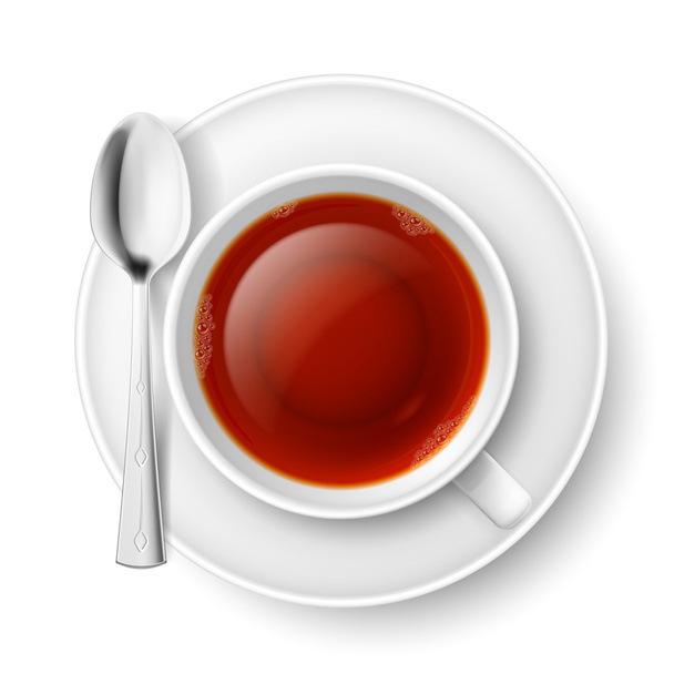 Cup of black tea with spoon over white background - Vektör, Görsel