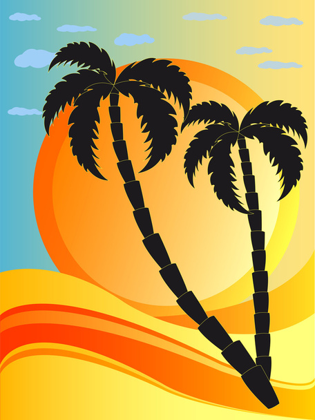 熱帯波、夕日とヤシの木 - ベクター画像