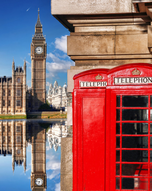 London symbols with BIG BEN and red PHONE BOOTHS in England, UK - Photo, Image