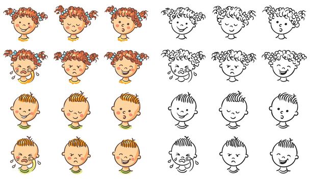 Набор лица мальчика и девочки с разными эмоциями
 - Вектор,изображение