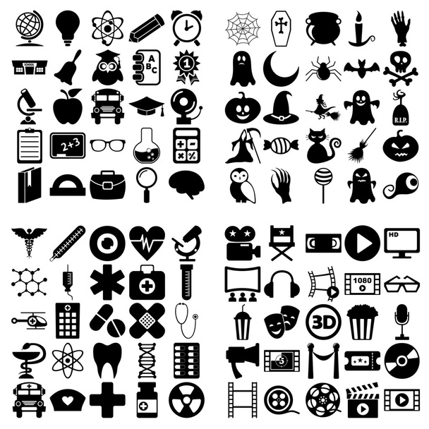 set of plane icons. Education, medicine, halloween, movie and cinema - Vector, Image