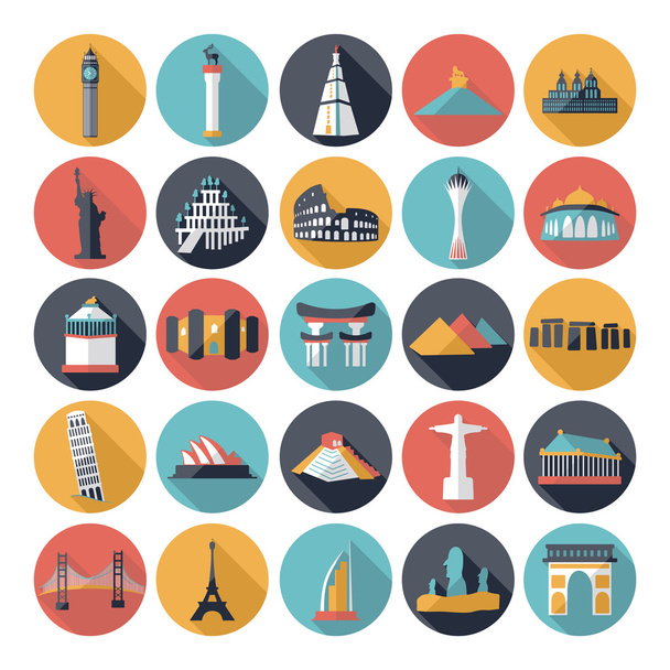 Flat concept design with shadow sights of world famous monuments - Vector, Image