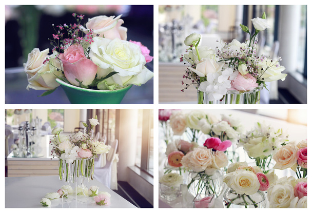 Collage set of flower wedding table decoration. Pink an white roses, peony and ranunculus flowers.  - Fotografie, Obrázek