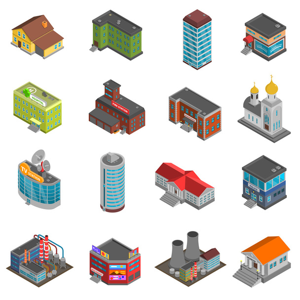 Městské budovy izometrické ikony Set  - Vektor, obrázek
