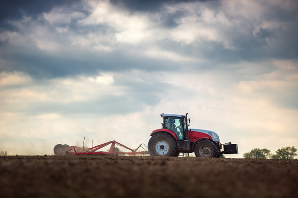 Viljelijä traktorissa valmistelee maata kylvöalustalla viljelyskone - Valokuva, kuva