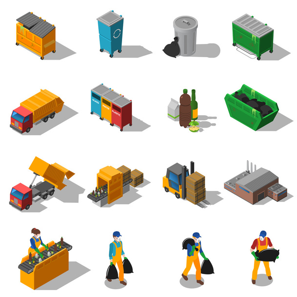 Raccolta di icone isometriche per il riciclaggio dei rifiuti
  - Vettoriali, immagini