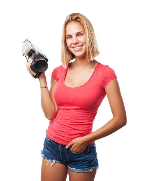 young blond girl with camera - Zdjęcie, obraz
