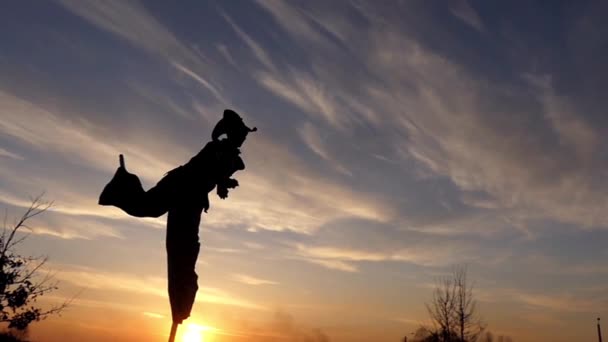 Remmen Walker springen op één been en jongleren. Slow Motion bij zonsondergang. - Video