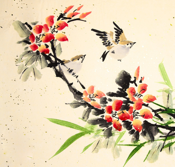 chinese ink painting bird and plant - Фото, изображение