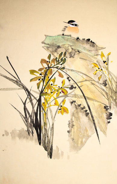 chinese ink painting bird and plant - Foto, Imagen