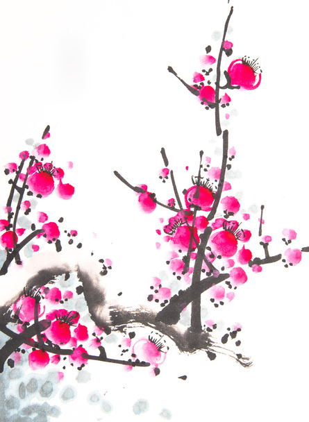 Chinese watercolor cherry painting - Φωτογραφία, εικόνα