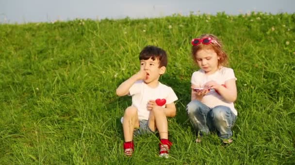 Dvě děti sedět na trávě  - Záběry, video