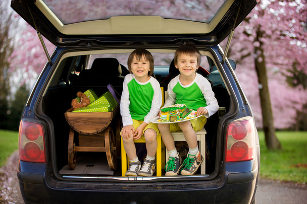 Cute children, boy brothers, sitting in car trunk, holding the l - Фото, зображення