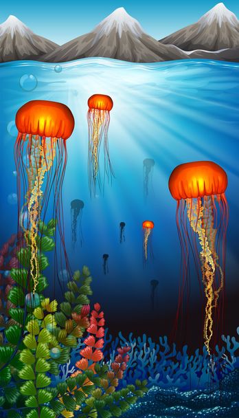 Ονειρεμένες βουτιές κάτω από τον ωκεανό μέδουσες - Διάνυσμα, εικόνα