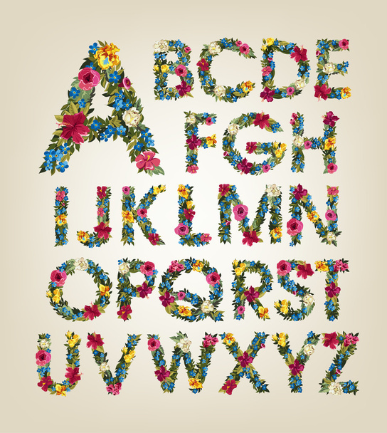 Flower alphabet. Colorful font. Uppercase. - Vektor, obrázek
