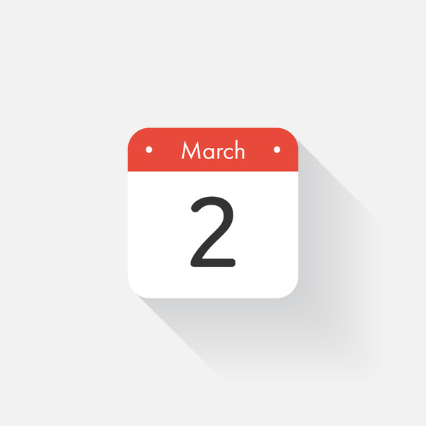 長い影を持つカレンダーアイコン。フラットスタイル。日付、日、月。アラーム。ベクトルイラスト。オーガナイザーアプリケーション、アプリシンボル。Ui。ユーザー インターフェイスの記号。3月2日 - ベクター画像