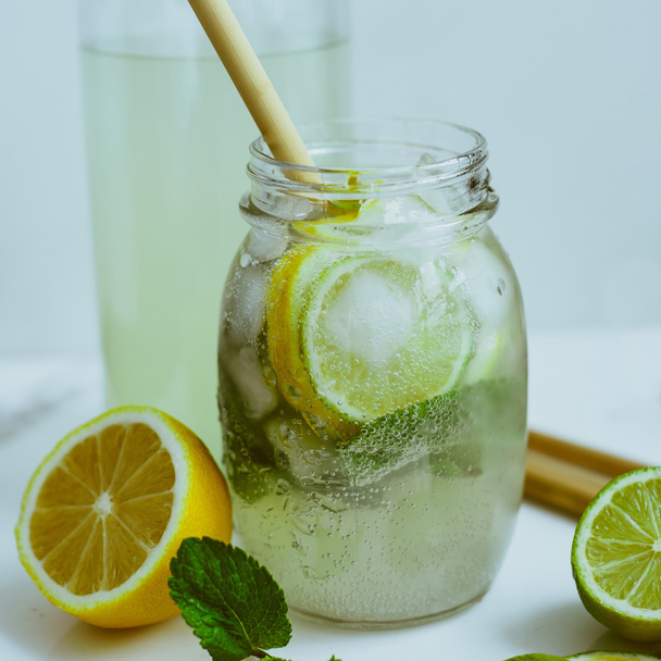 Homemade Kombucha with lime and lemon in the bottle - Foto, imagen