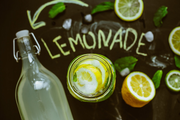 Top view on homemade  fruits Lemonade - Fotoğraf, Görsel