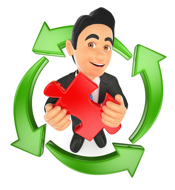 3D Businessman with a puzzle piece and green arrows around. Reus - Photo, Image
