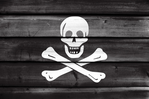 The traditional Jolly Roger of piracy Flag, painted on old wood  - Фото, зображення