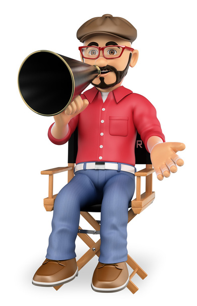 3D filmový režisér sedí v křesle s megafon - Fotografie, Obrázek