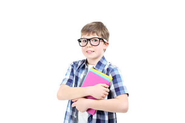 boy with books and in eyeglasses  - Foto, Imagen