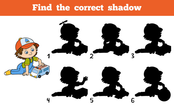 Find the correct shadow. Little boy plays with ambulance car - Vector, Image