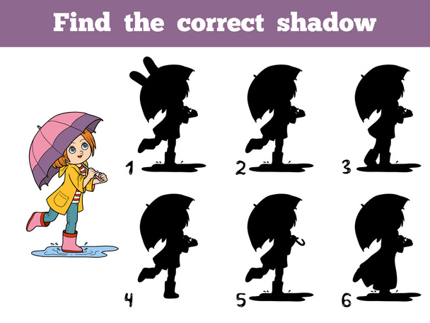 Βρείτε τη σωστή σκιά. Κορίτσι τρέχει με μια ομπρέλα στη βροχή - Διάνυσμα, εικόνα