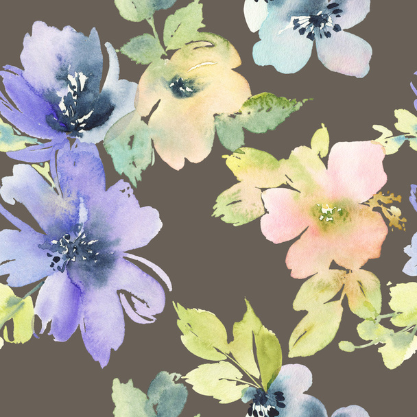 Płynny wzór z kwiatami akwarela - Zdjęcie, obraz