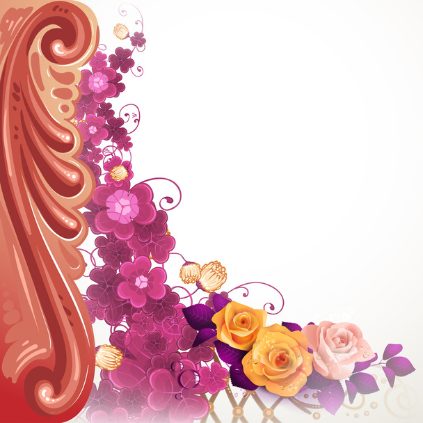 Background with baroque decoration, flowers and roses - Vector, Image