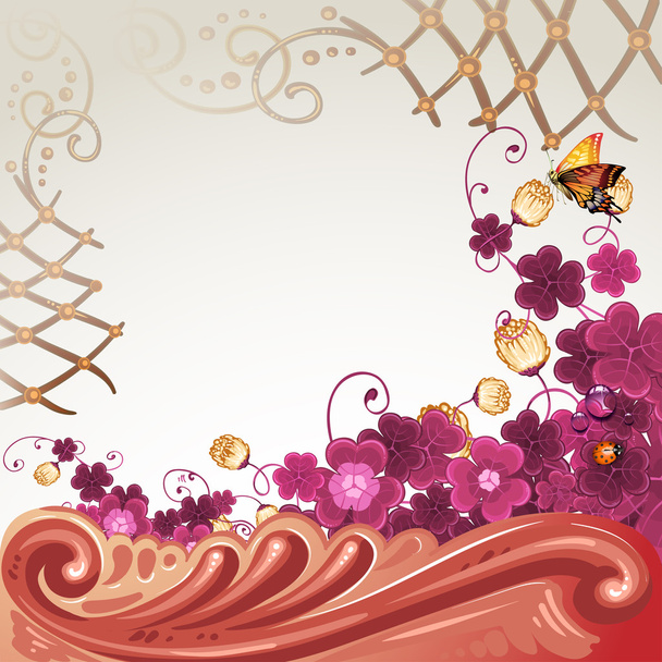 Background with baroque decoration, flowers and butterfly - Vector, Image