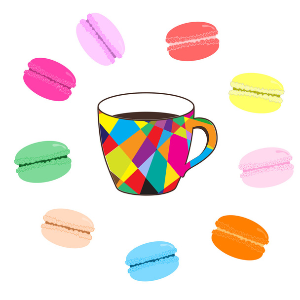 Mosaik-Tasse Kaffee mit farbigen Makronen auf weißem Hintergrund - Vektor, Bild