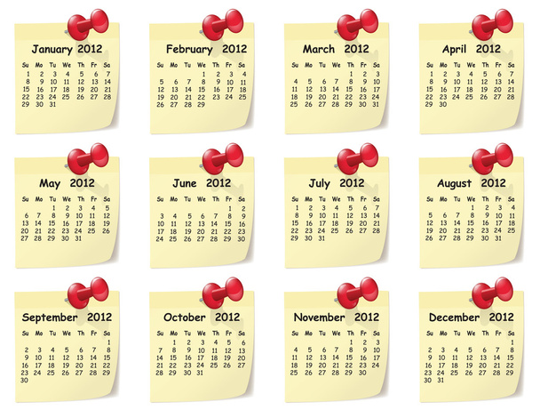 Kalendář na rok 2012 na poznámkách sticky notes - Vektor, obrázek