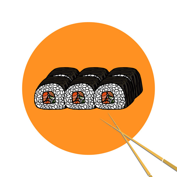 Rouleau de sushi avec baguettes, ensemble. Nourriture traditionnelle japonaise, icône
 - Vecteur, image