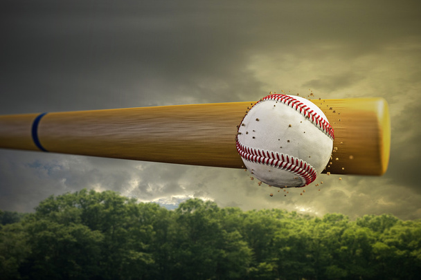 3D ilustracja kij baseballowy smashing piłka baseball - Zdjęcie, obraz