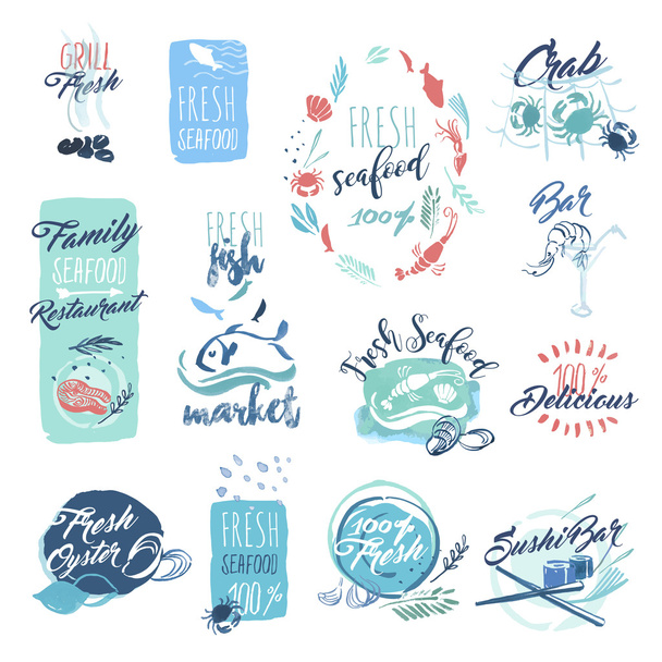 Set of hand drawn watercolor badges and stickers of seafood - Vector, Image