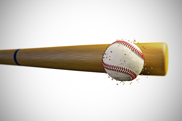 3D illustratie van een honkbalknuppel smashing een baseball - Foto, afbeelding