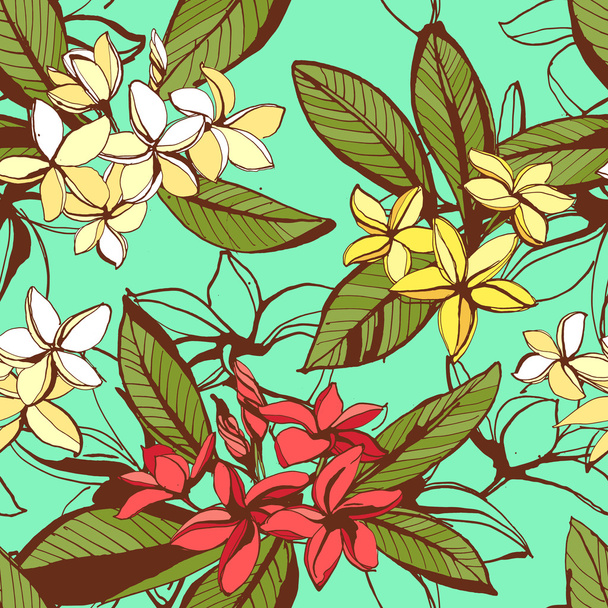 Tropical floral summer seamless pattern with plumeria flowers wi - Вектор,изображение