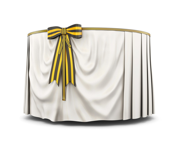 Round table with tablecloth and bow on a white background. 3d re - Photo, Image