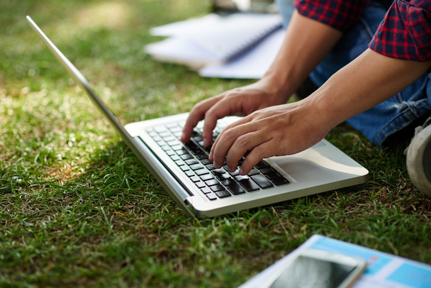 Man typing on laptop on grass - Foto, Imagen