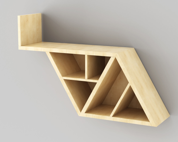 Étagère en bois vide aux formes triangulaires accrochée au mur
 - Photo, image